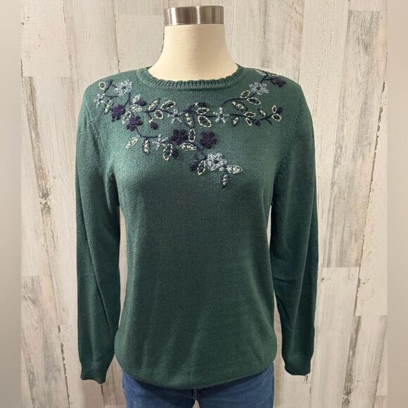 Vintage Beaded Floral Knit Sweater Green Embroidered Pullover small - Picture 13 of 13